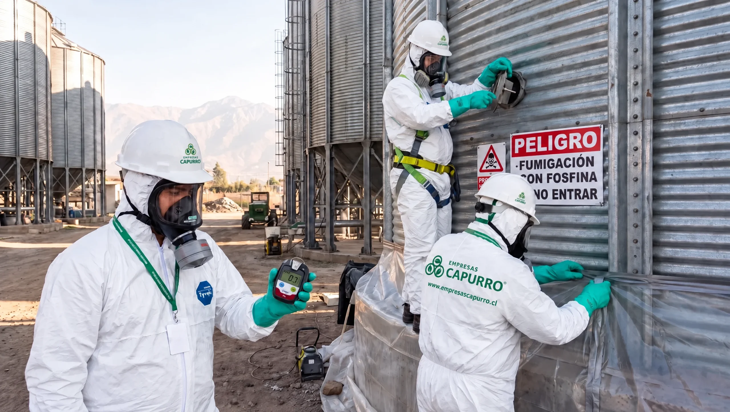 Fumigación con fosfina de silos de granos: especialistas con máscara MSA y detector Dräger