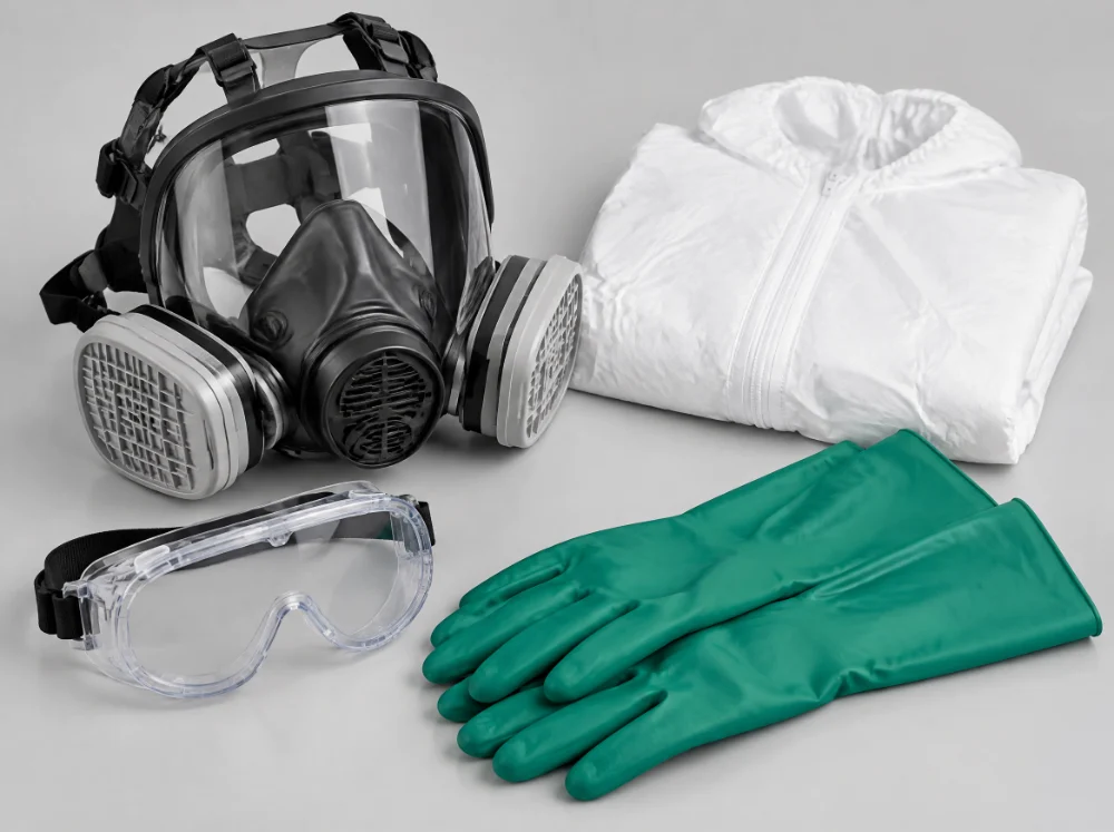 Máscara full face, antiparras y guantes de protección