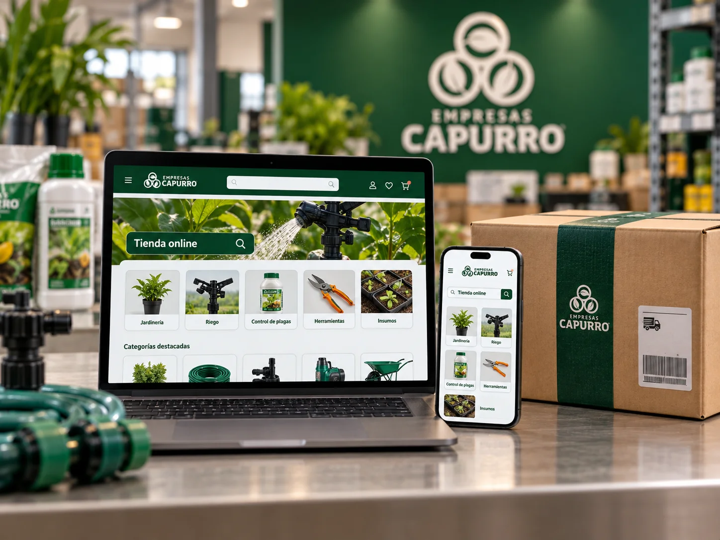 Tienda online de Empresas Capurro en notebook y celular, con caja de despacho